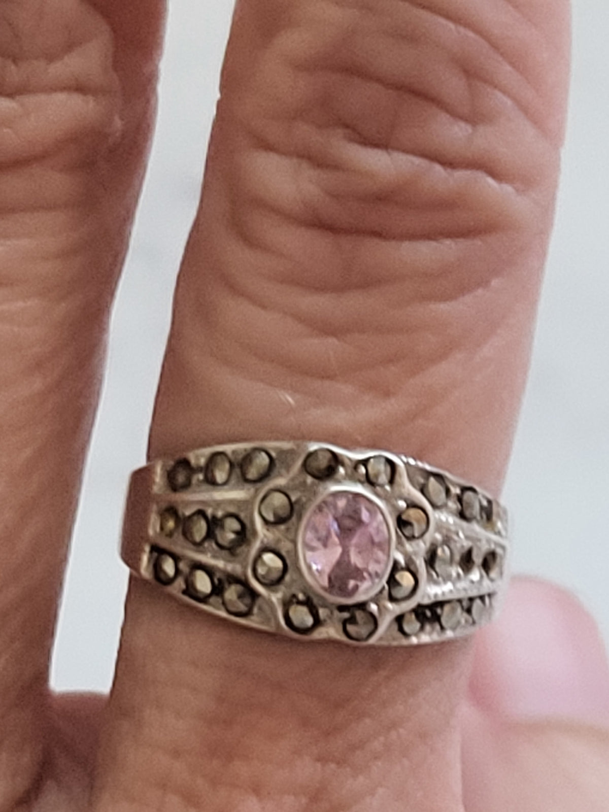 Sterling Silver Pink Stone & Marcasite Wide Band Ring
