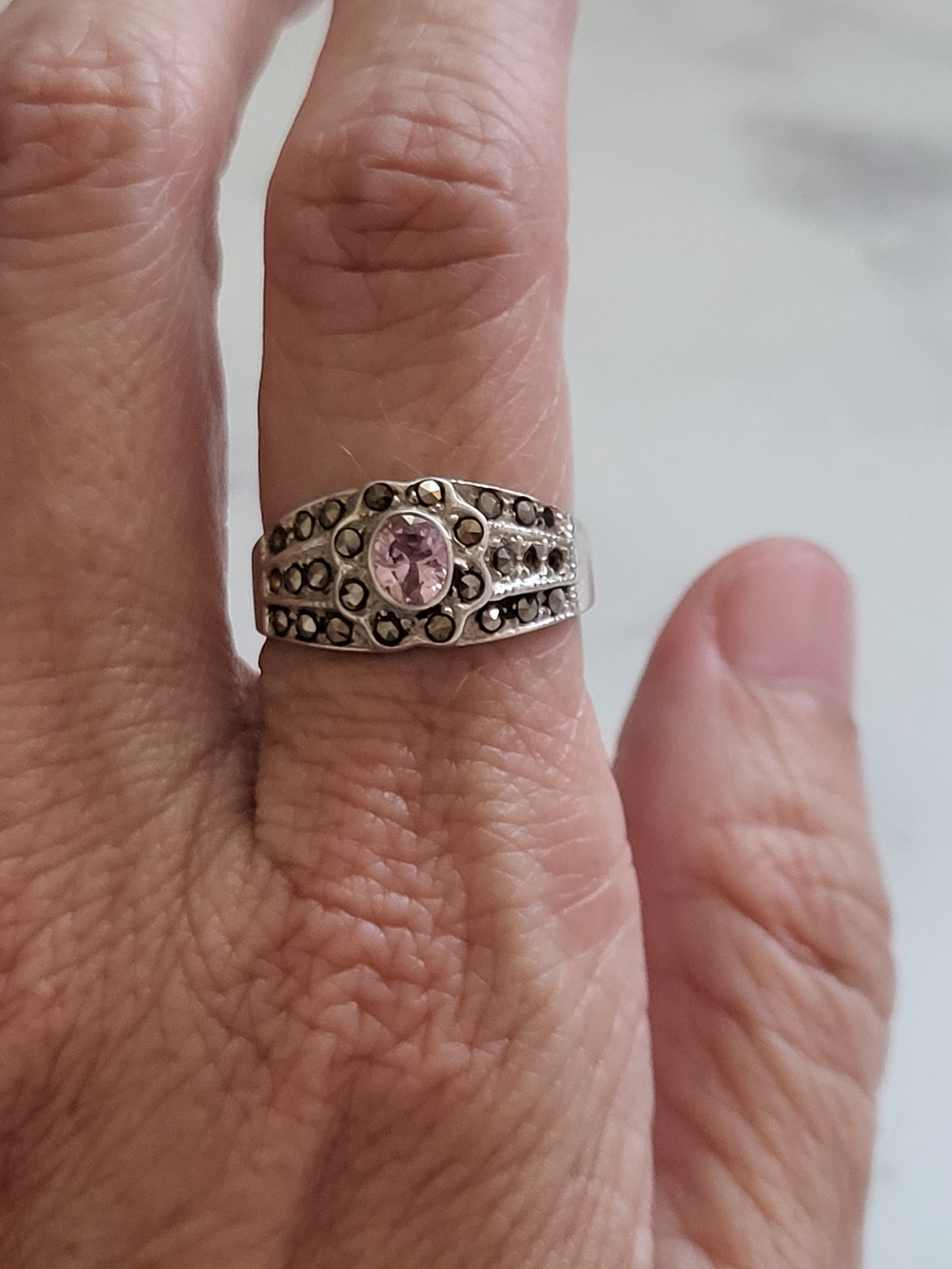 Sterling Silver Pink Stone & Marcasite Wide Band Ring