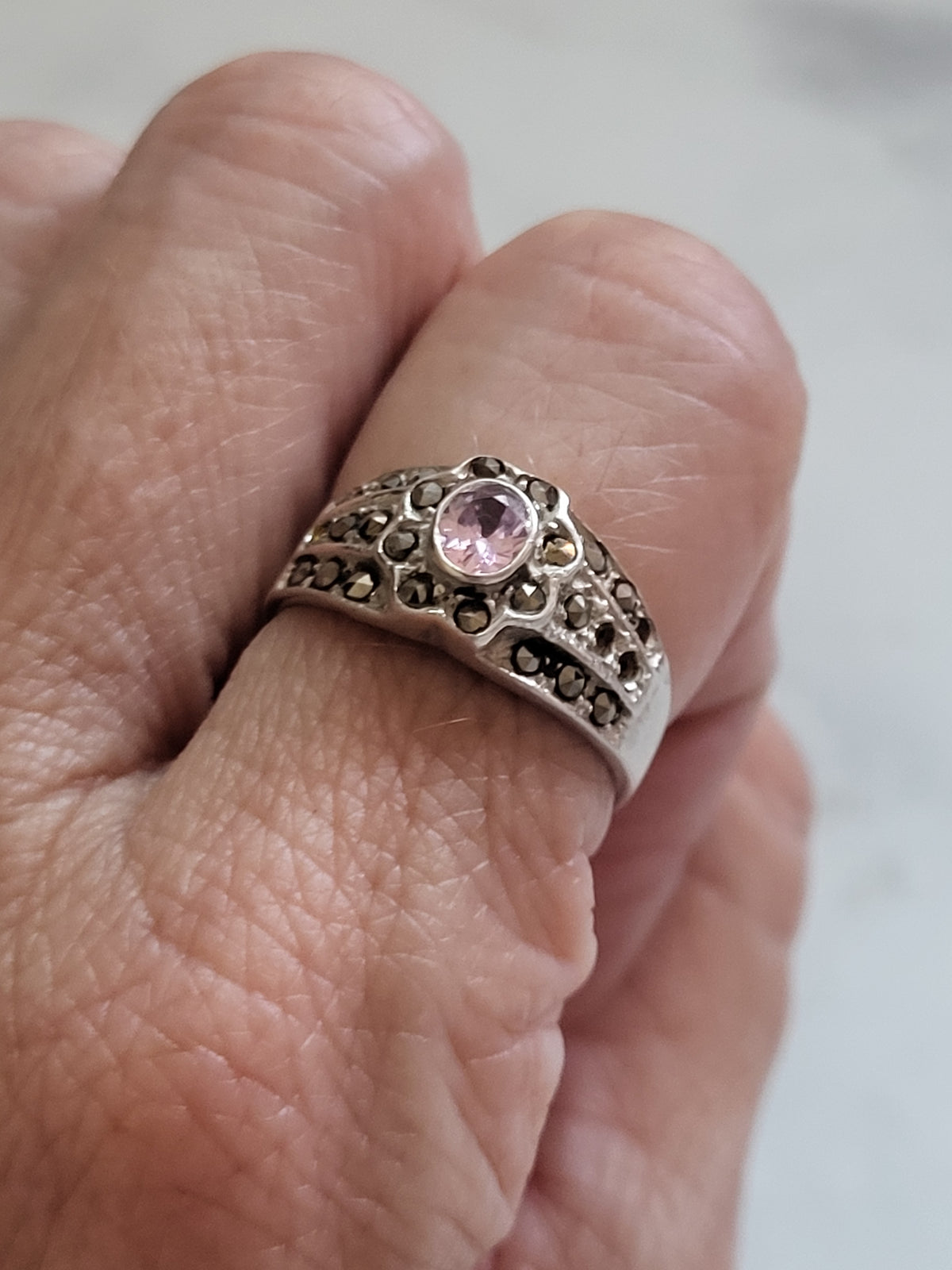 Sterling Silver Pink Stone & Marcasite Wide Band Ring