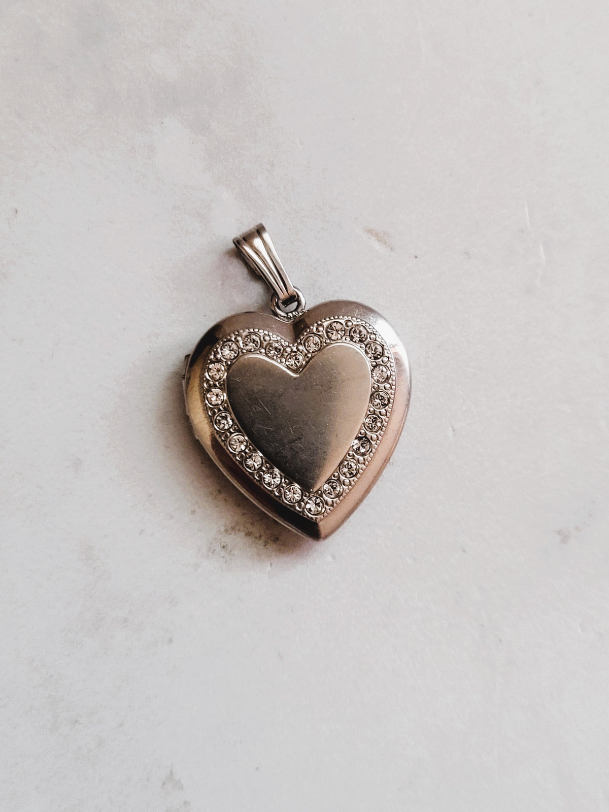Vintage Sterling Silver Heart Locket Pendant with Rhinestone Accents