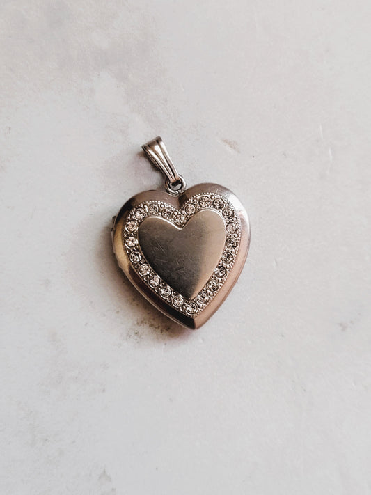 Vintage Sterling Silver Heart Locket Pendant with Rhinestone Accents