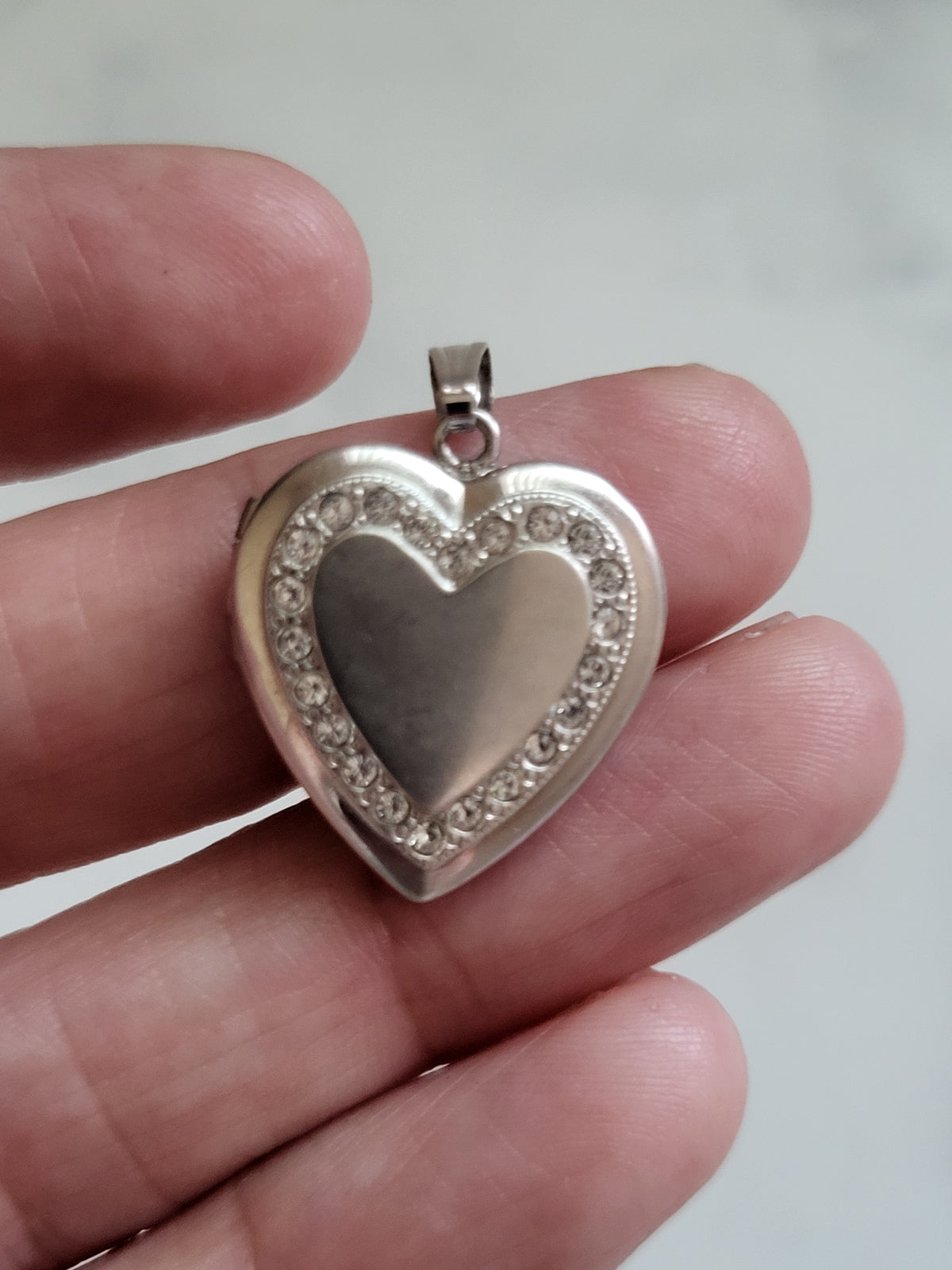 Vintage Sterling Silver Heart Locket Pendant with Rhinestone Accents