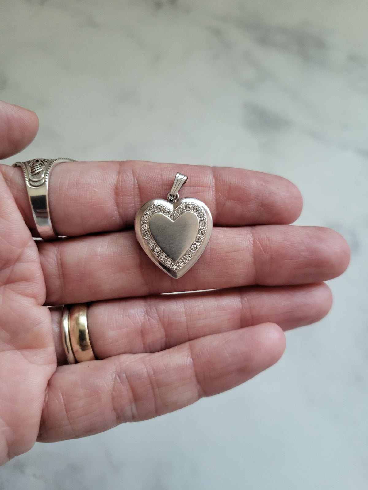 Vintage Sterling Silver Heart Locket Pendant with Rhinestone Accents