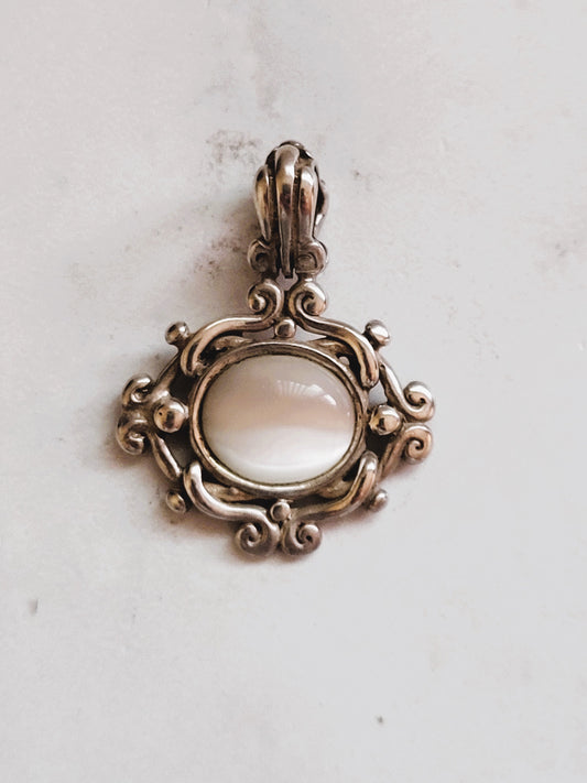 Vintage Sterling Silver White Cat’s Eye Scrollwork Pendant