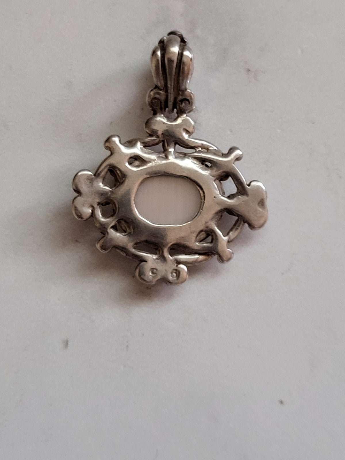 Vintage Sterling Silver White Cat’s Eye Scrollwork Pendant