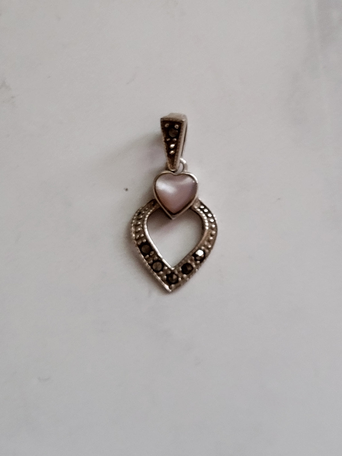 Sterling Silver Mother of Pearl & Marcasite Double Heart Pendant