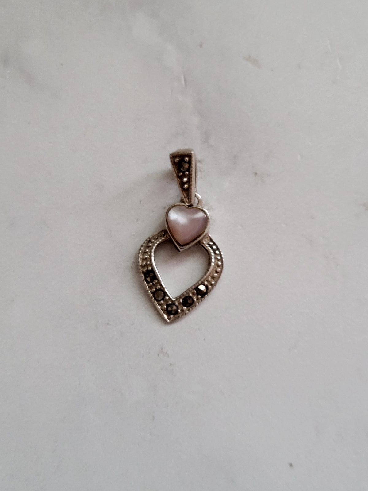 Sterling Silver Mother of Pearl & Marcasite Double Heart Pendant
