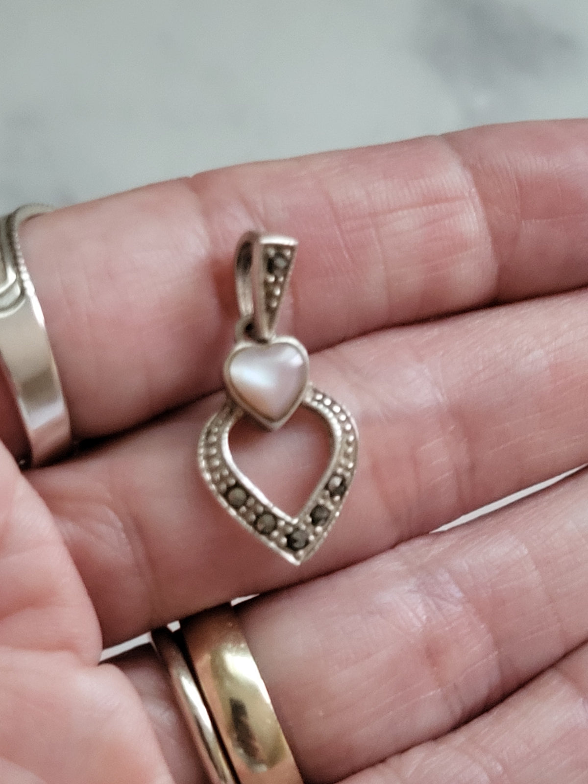 Sterling Silver Mother of Pearl & Marcasite Double Heart Pendant