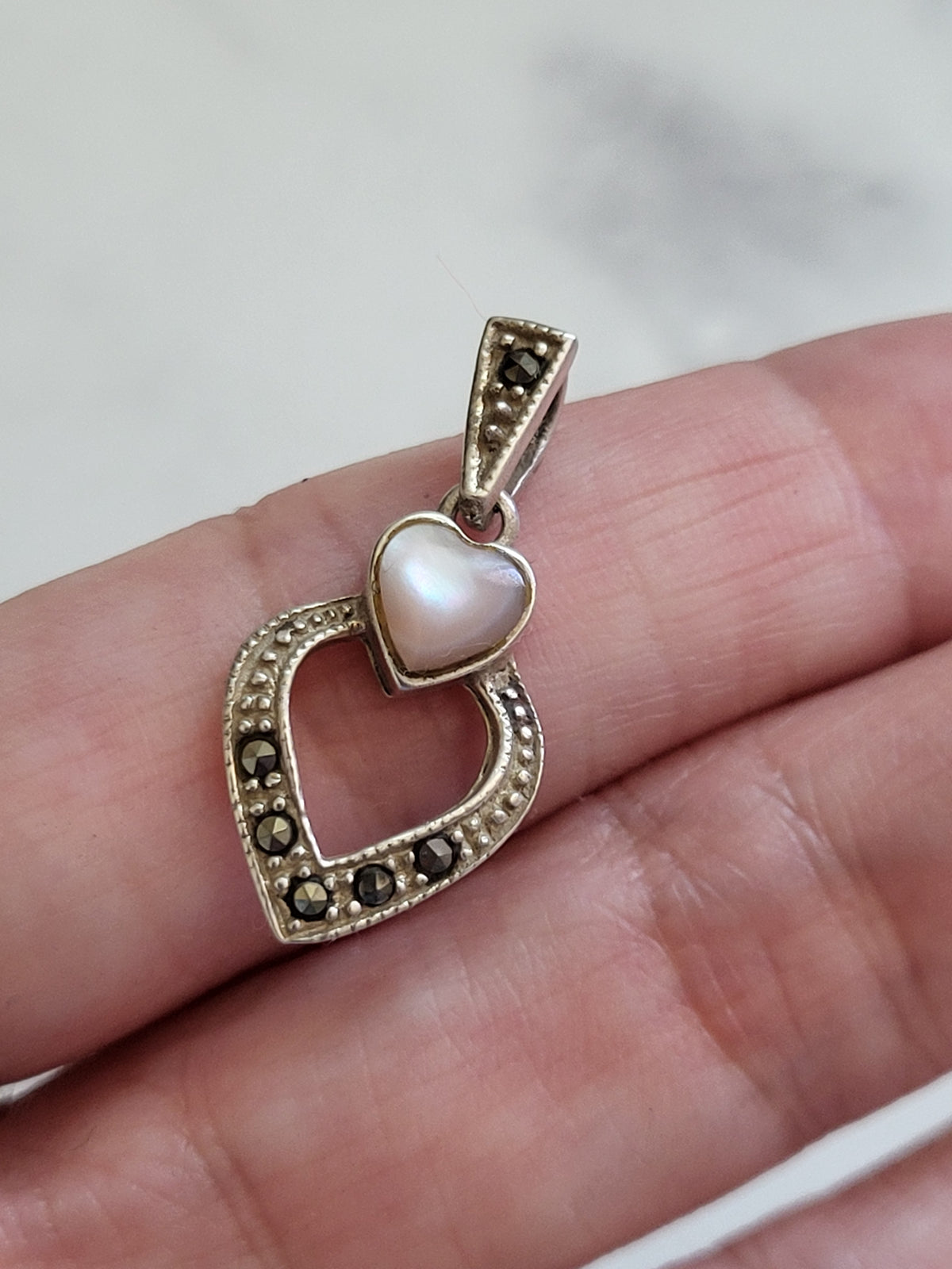 Sterling Silver Mother of Pearl & Marcasite Double Heart Pendant