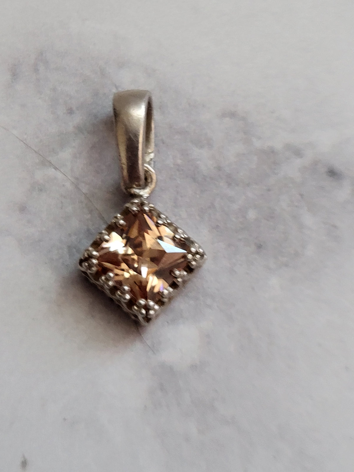 Sterling Silver Champagne Faceted Stone Square Pendant