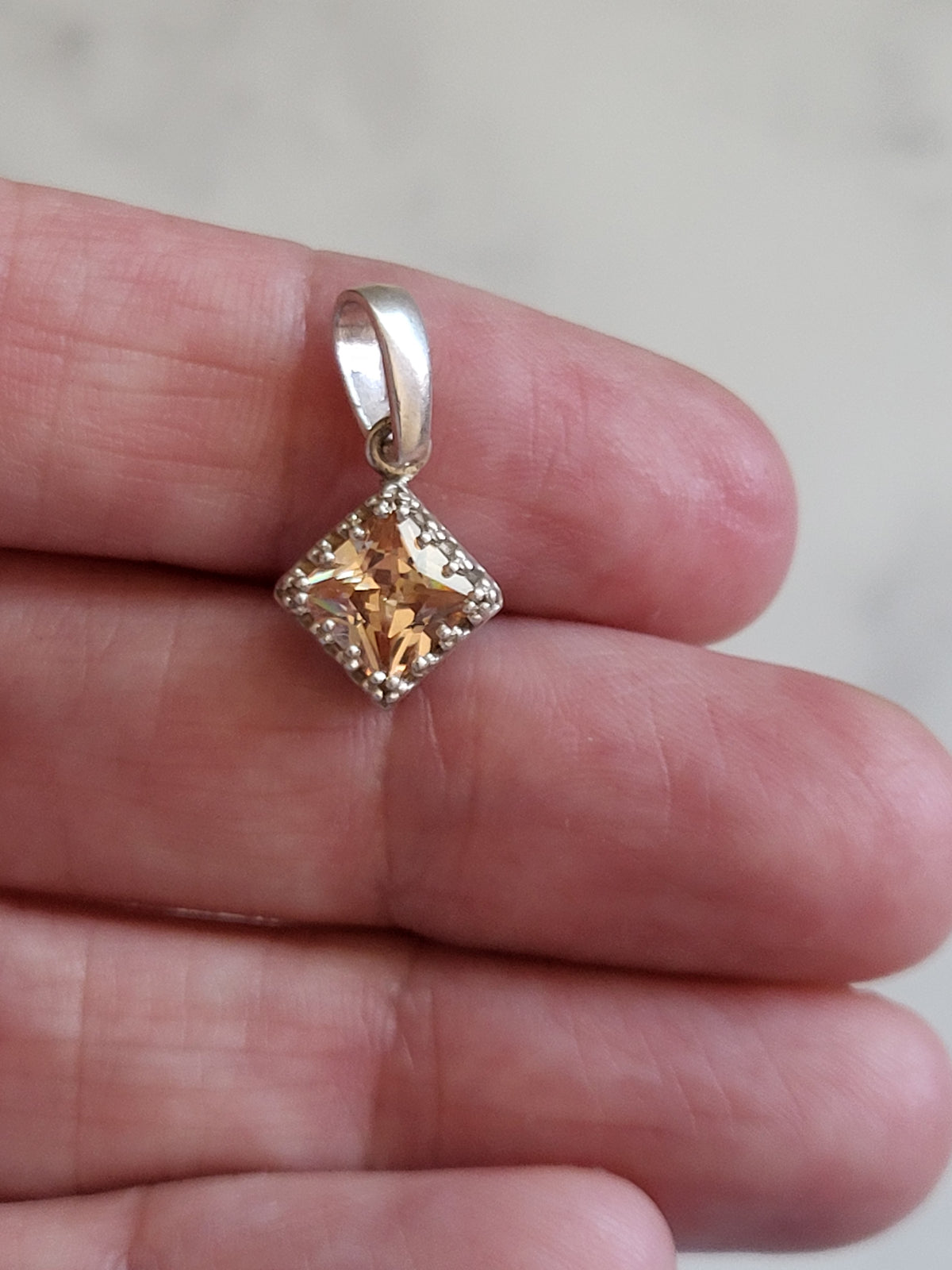 Sterling Silver Champagne Faceted Stone Square Pendant