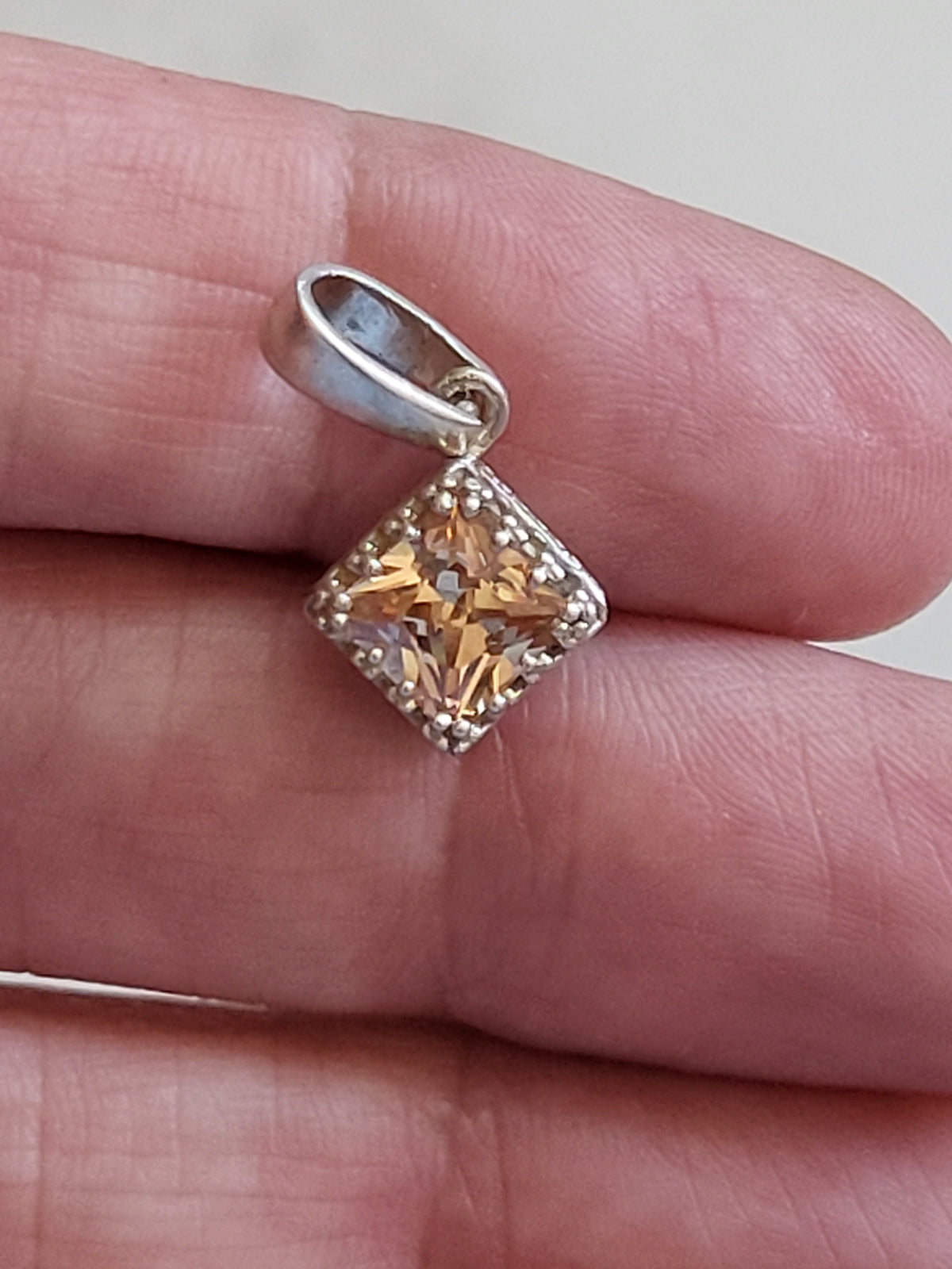 Sterling Silver Champagne Faceted Stone Square Pendant