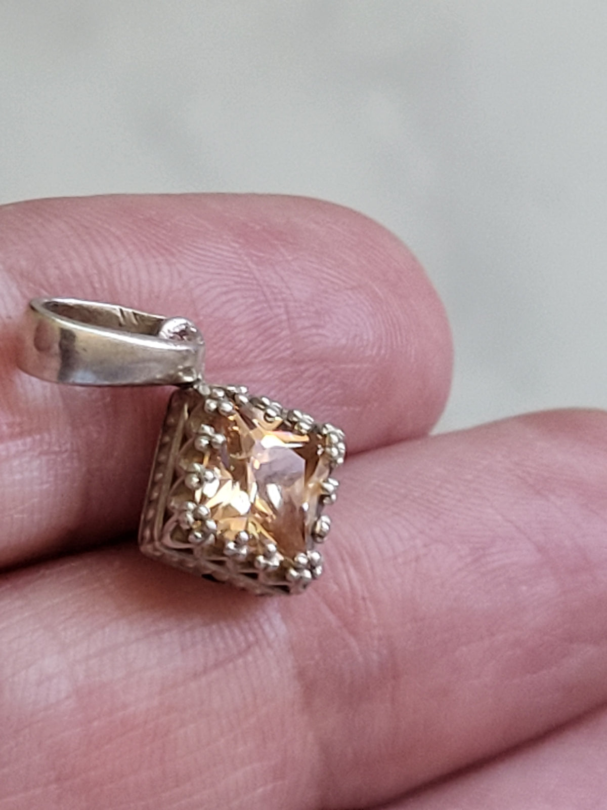 Sterling Silver Champagne Faceted Stone Square Pendant