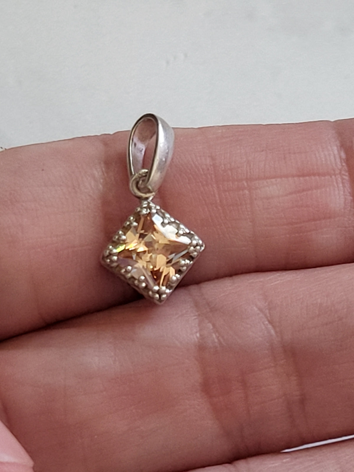 Sterling Silver Champagne Faceted Stone Square Pendant