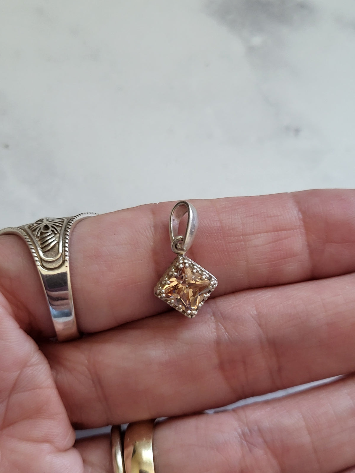 Sterling Silver Champagne Faceted Stone Square Pendant