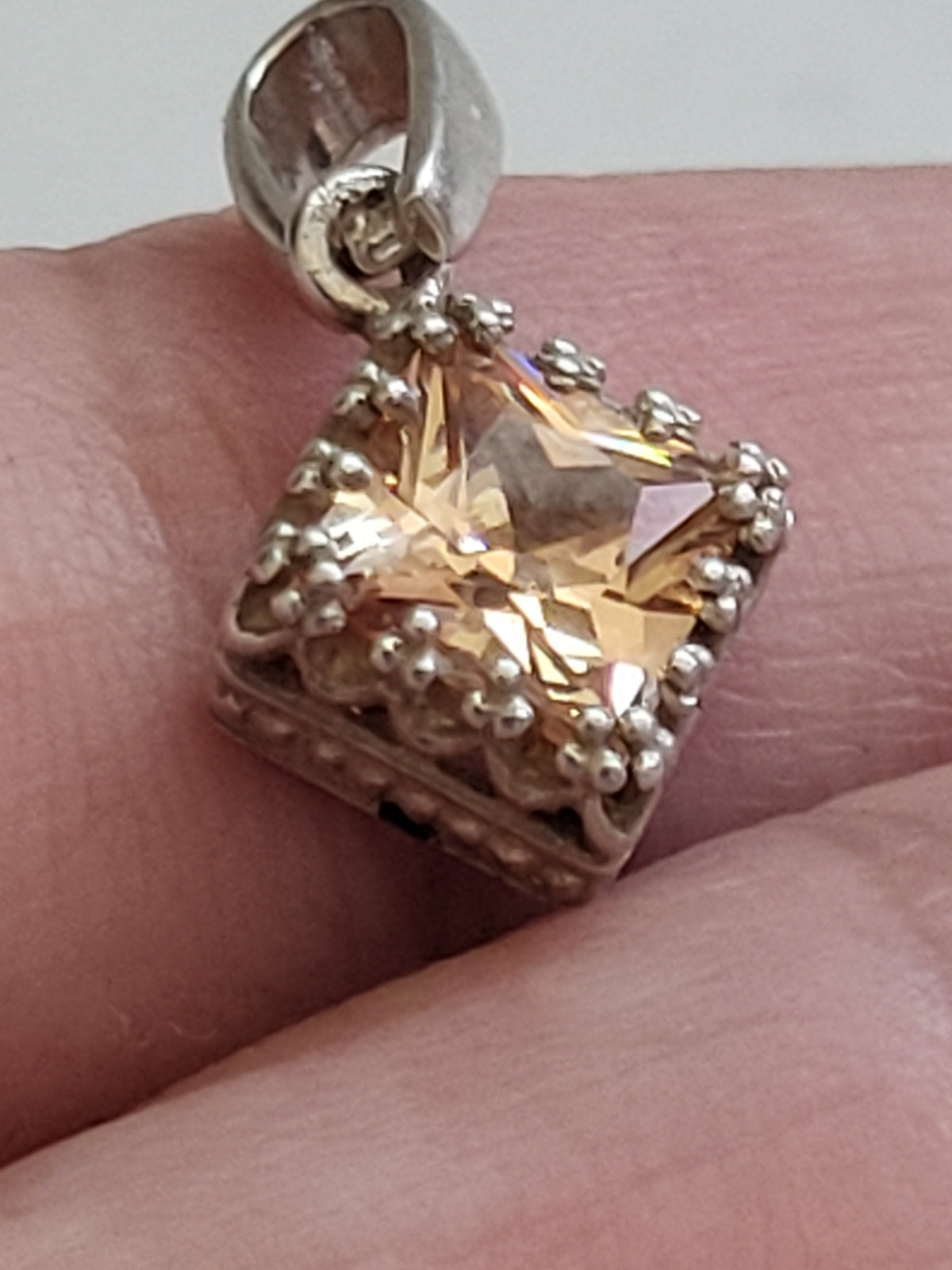 Sterling Silver Champagne Faceted Stone Square Pendant
