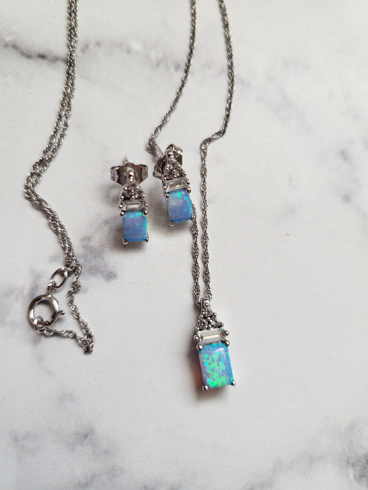 Vintage Silver Blue Lab Opal Necklace & Earring Set