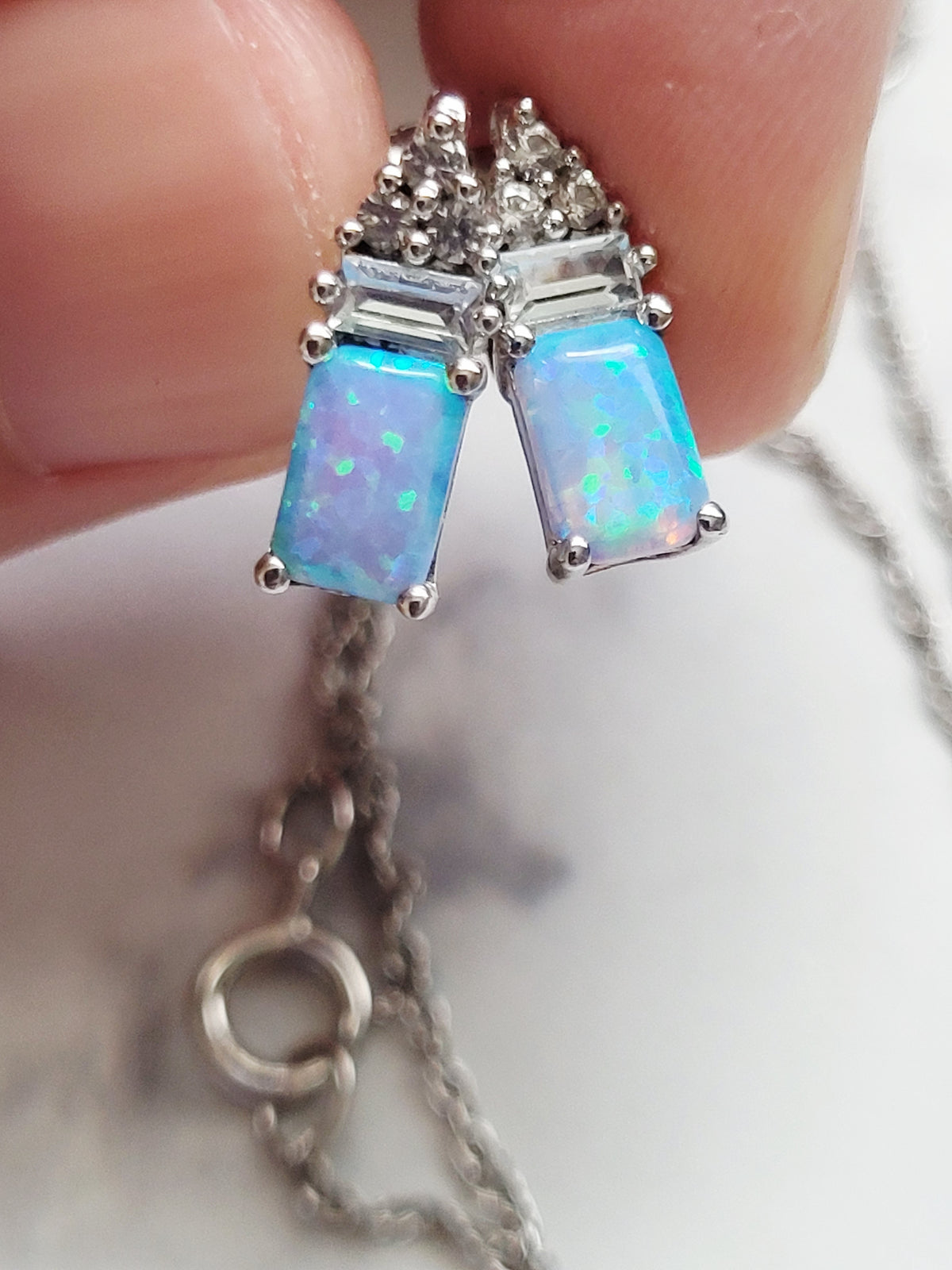 Vintage Silver Blue Lab Opal Necklace & Earring Set