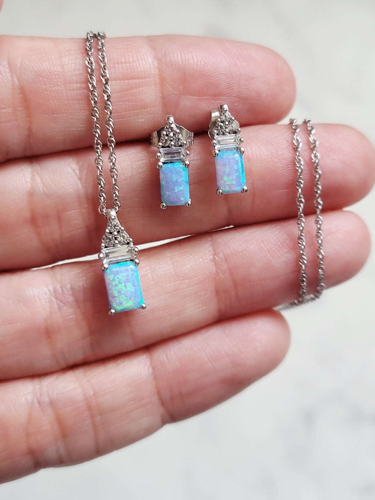 Vintage Silver Blue Lab Opal Necklace & Earring Set