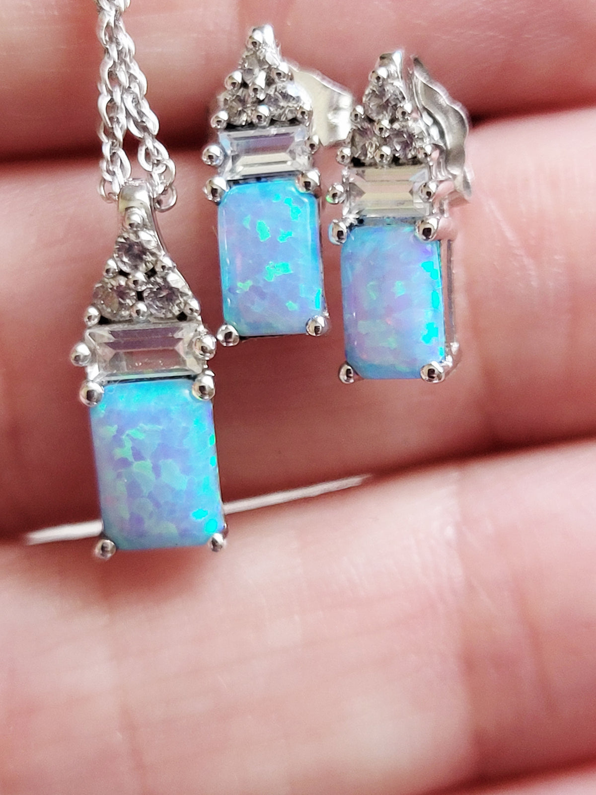 Vintage Silver Blue Lab Opal Necklace & Earring Set