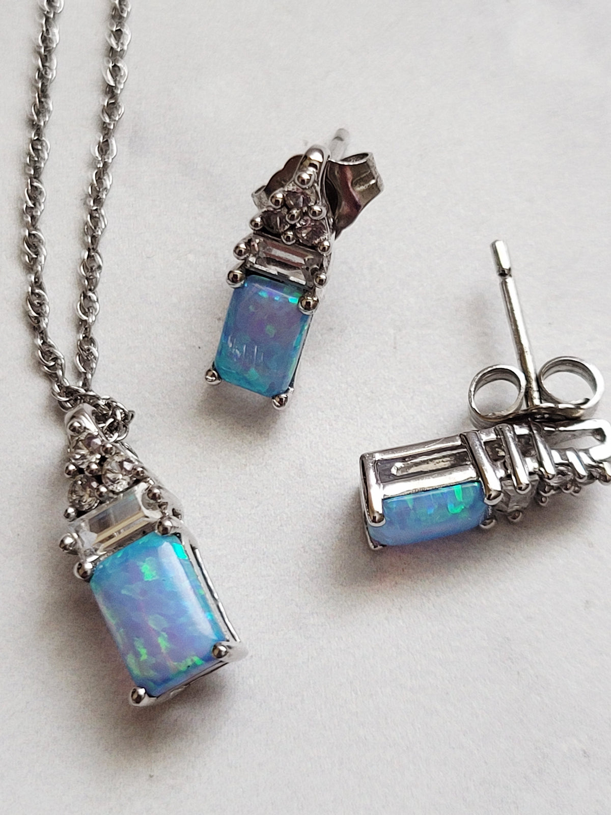 Vintage Silver Blue Lab Opal Necklace & Earring Set