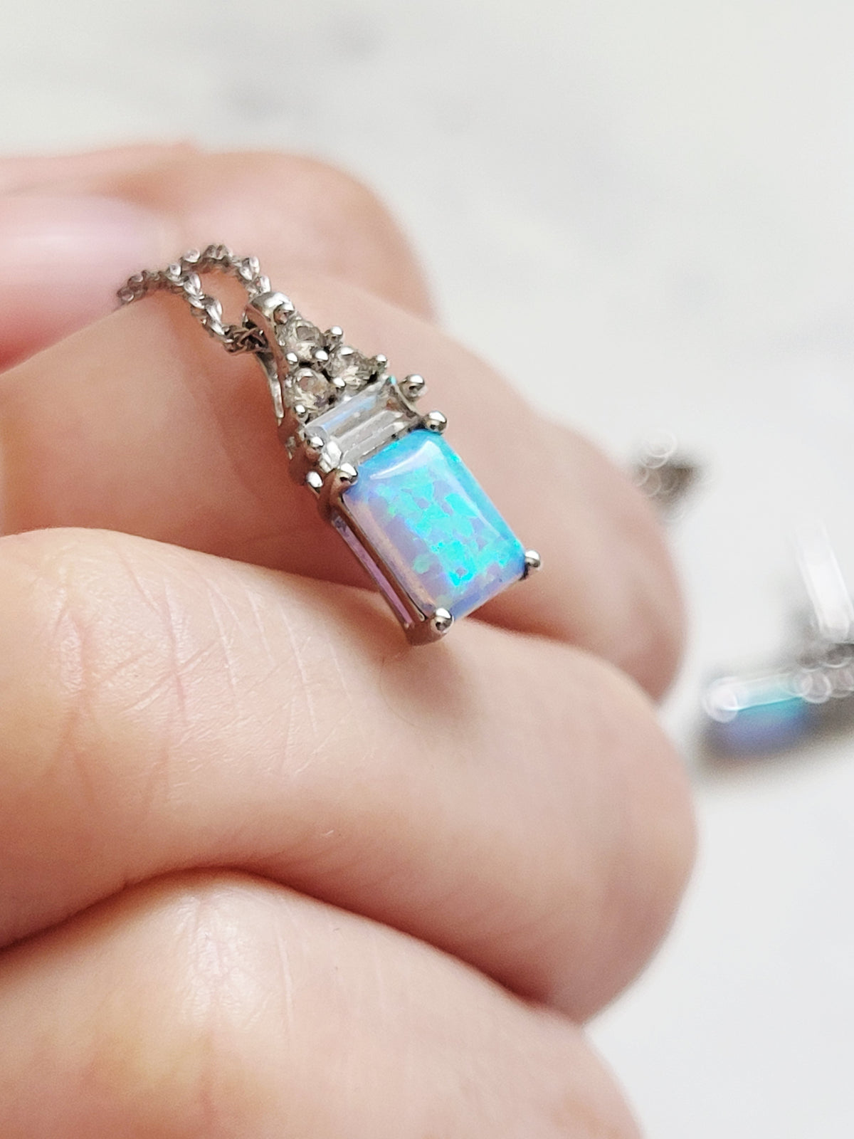 Vintage Silver Blue Lab Opal Necklace & Earring Set